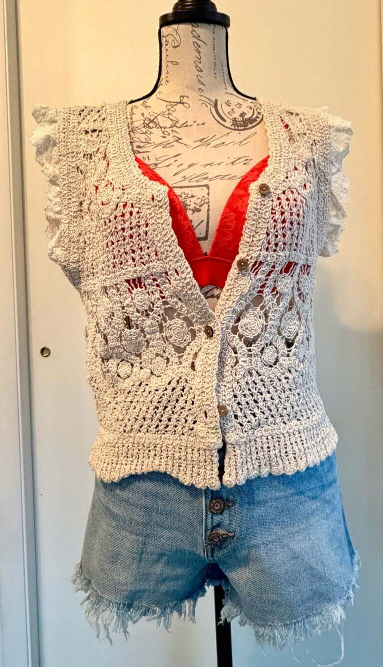 Adora Crochet Eyelet Ruffle Vest Top In Beige OS